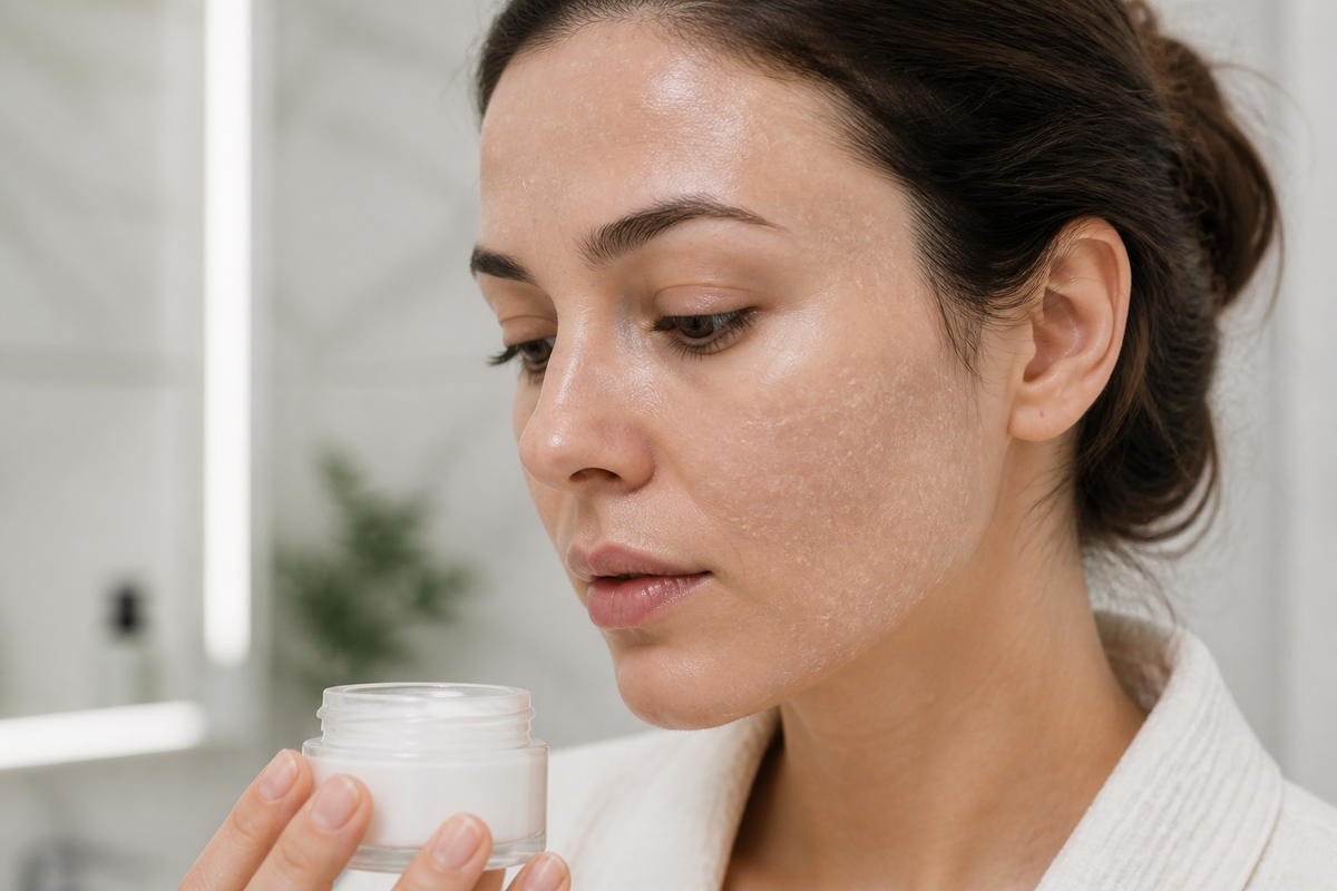 Person with rough, flaky skin on the face holding a moisturizer in a bathroom