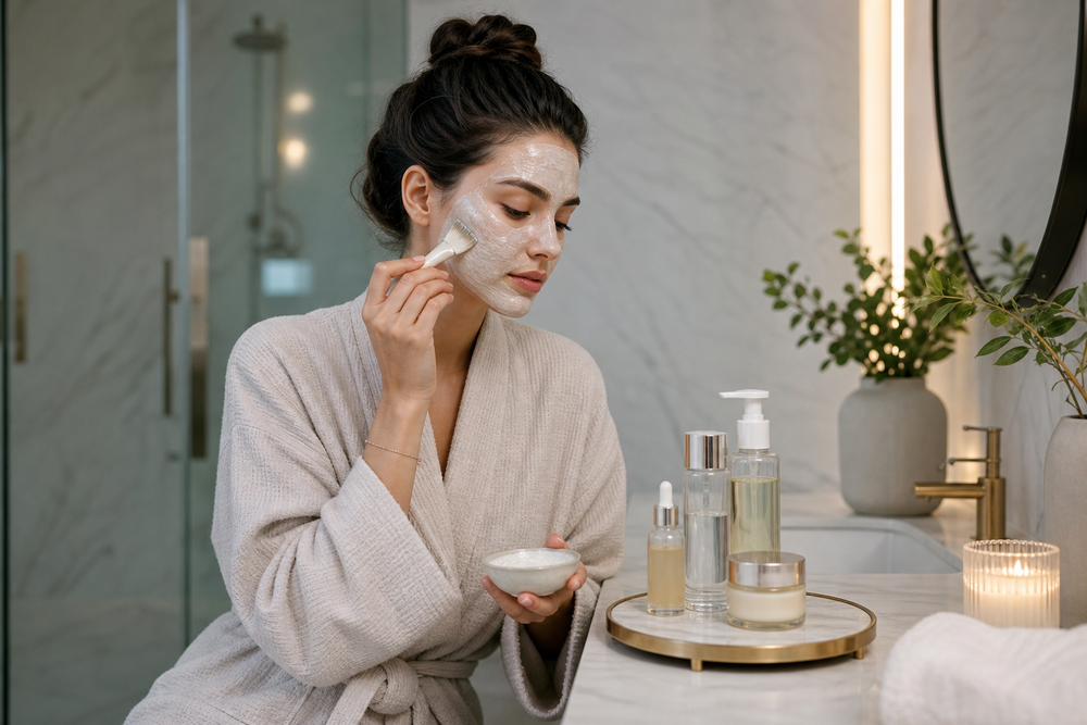 Woman applying a face mask in a bathroom with skincare products arranged beside her