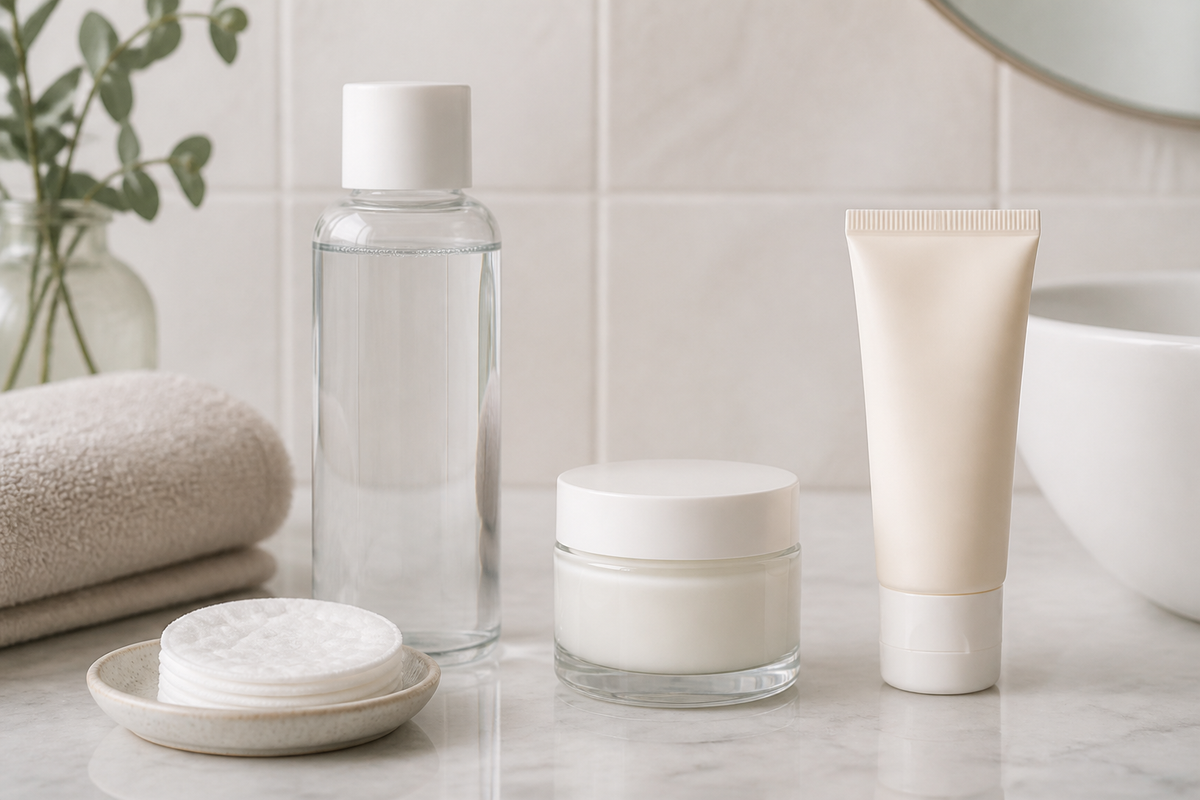 A toner bottle, cotton pad, moisturizer, and sunscreen arranged on a bathroom counter.