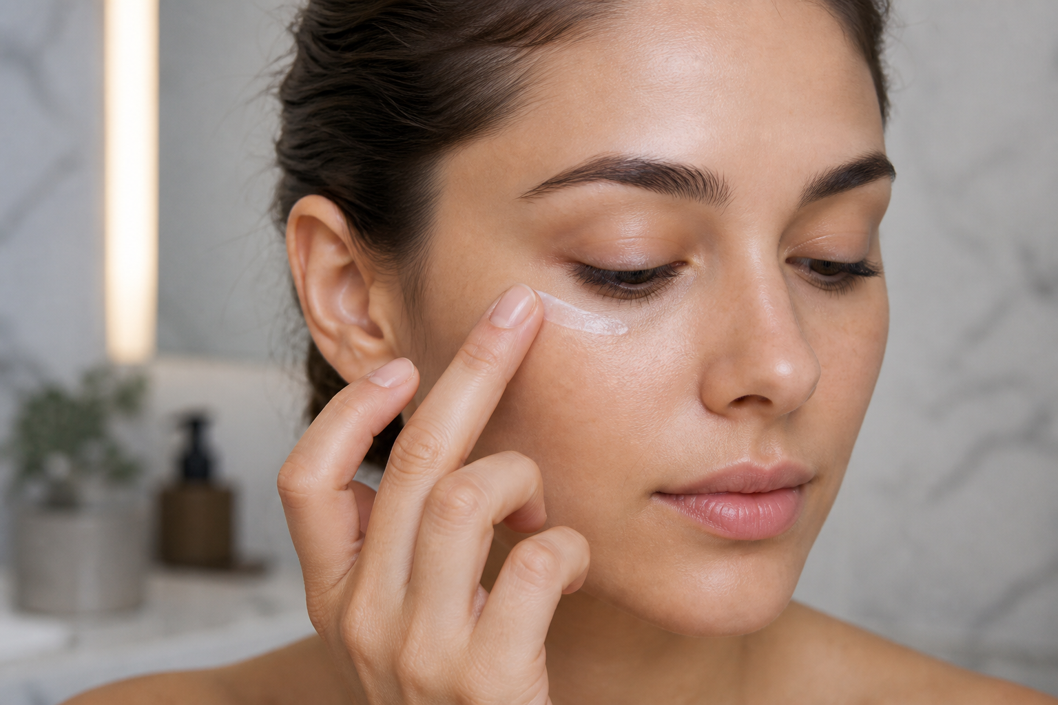 Person applying eye cream under the eye with a ring finger