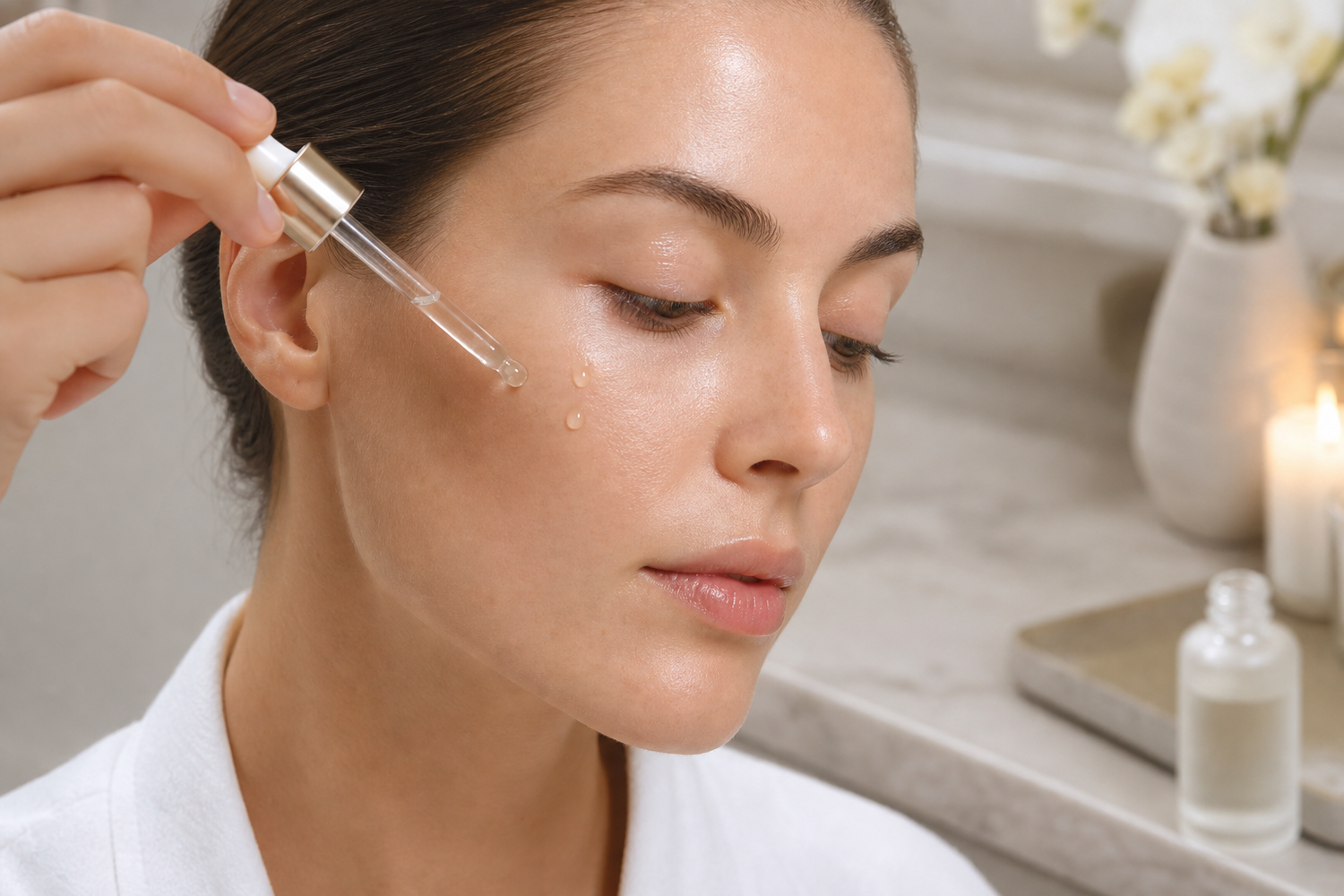 Hand applying face serum to clean skin in a bright bathroom setting