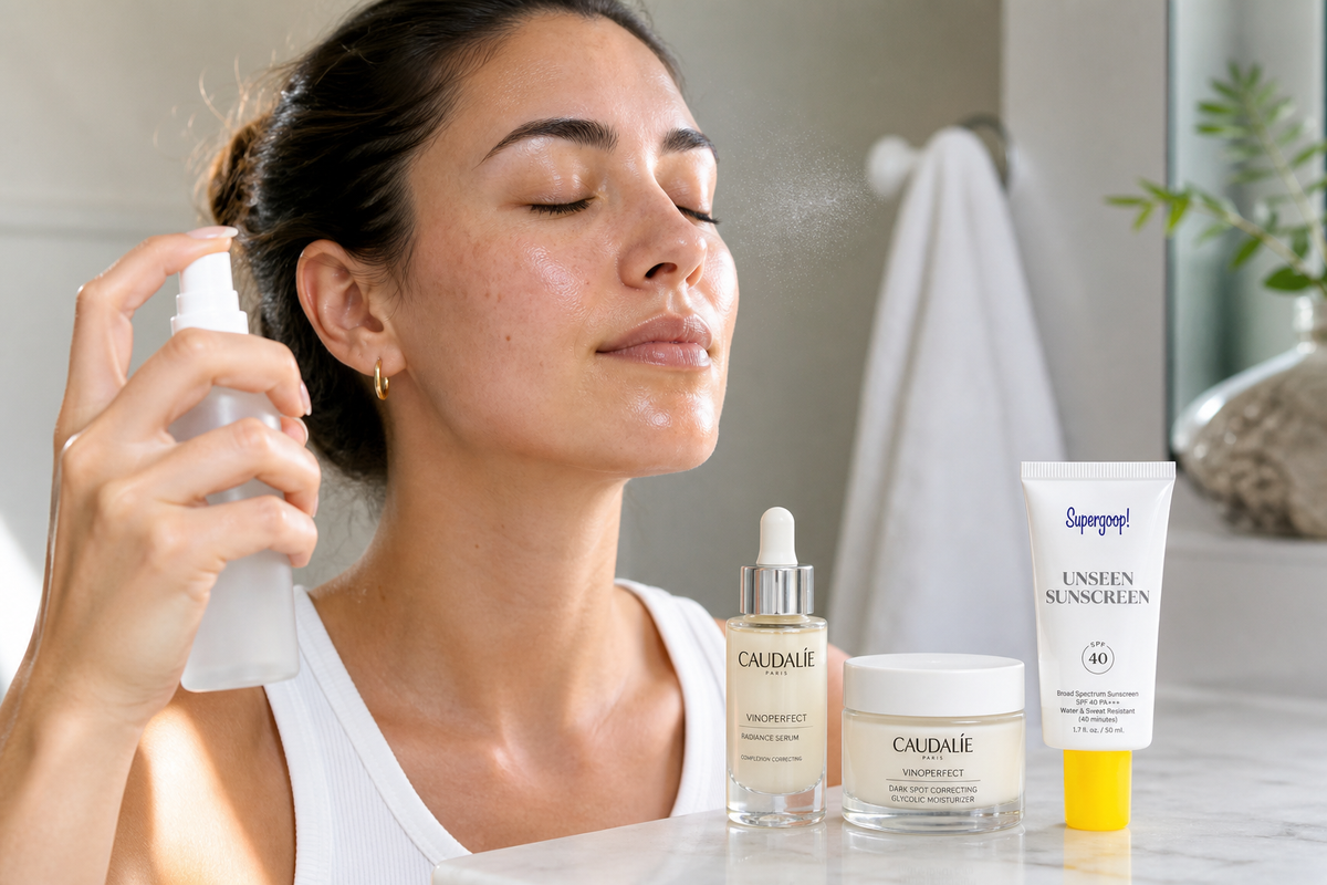 Person applying facial mist with serum, moisturizer, and sunscreen on a bathroom counter.