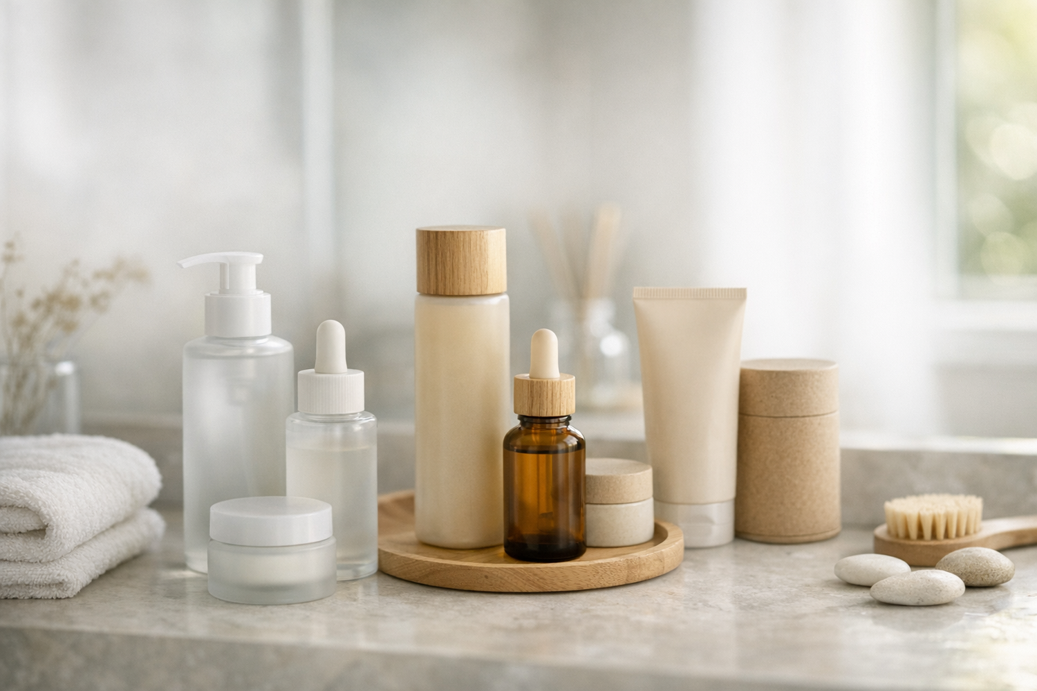 Unbranded skincare bottles arranged on a clean bathroom vanity in soft natural light