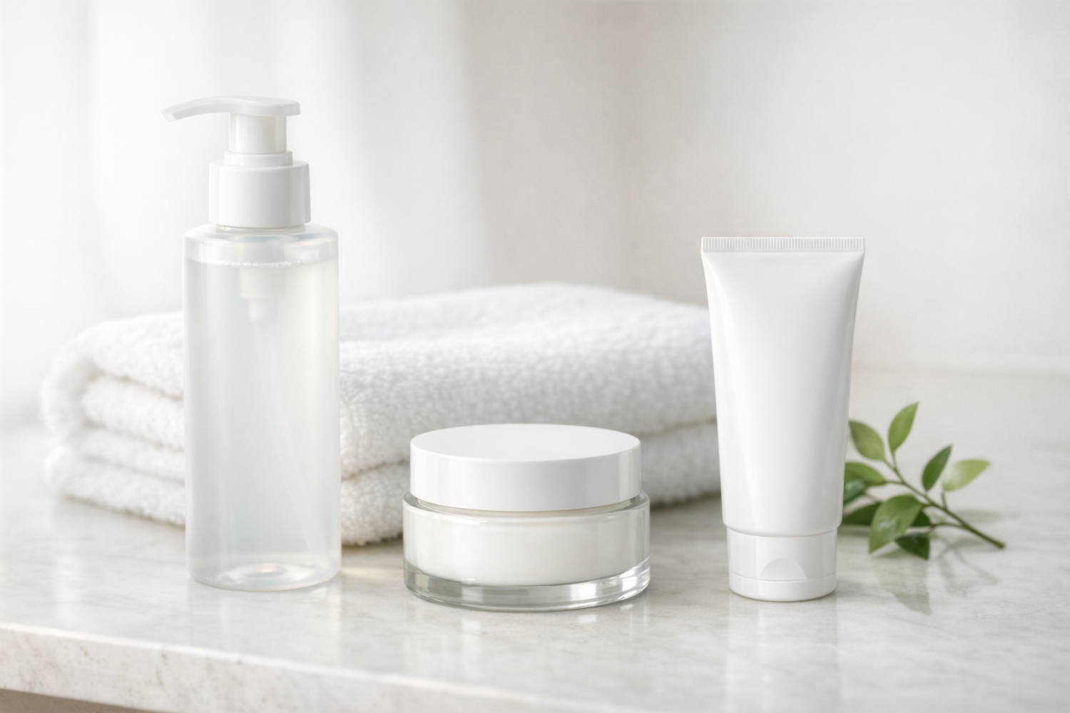 Gentle cleanser, moisturizer, and sunscreen arranged on a clean counter with a towel and botanical sprig
