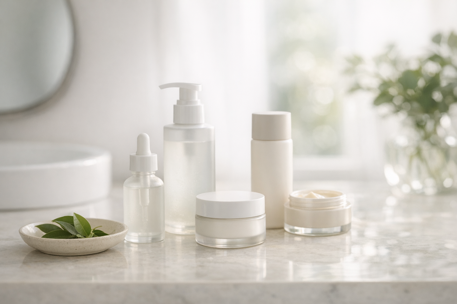 Minimal unbranded skincare bottles and jars on a clean vanity with soft natural light and a few botanical leaves.