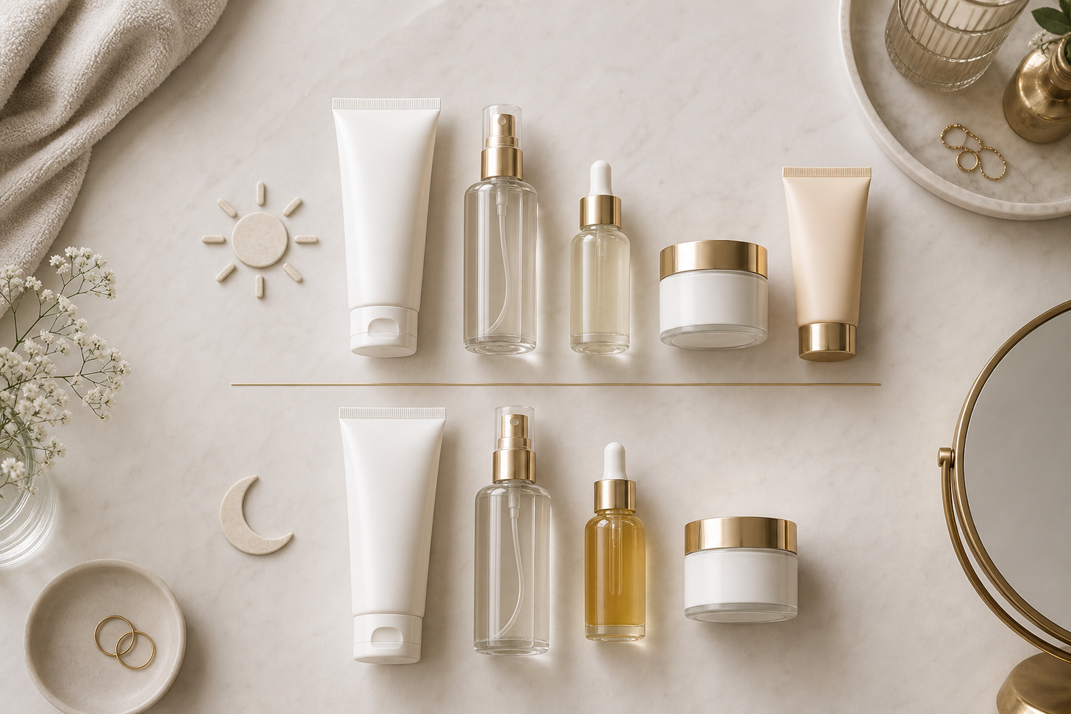 Skincare products arranged in order for a morning and night routine on a bathroom counter