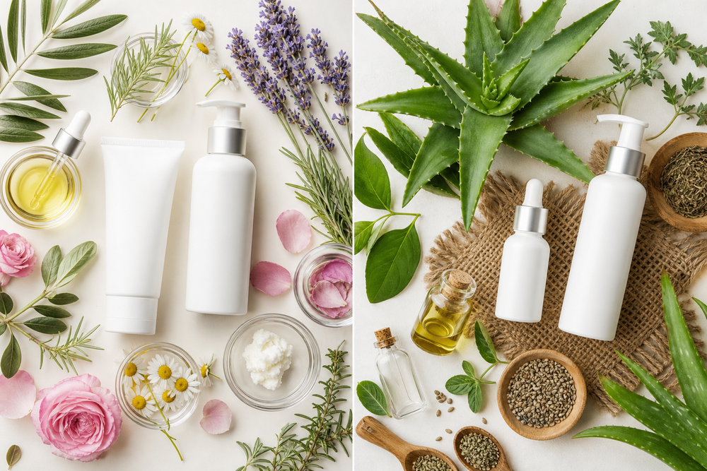 Skincare bottles surrounded by botanical ingredients and organic plant materials on a neutral surface.