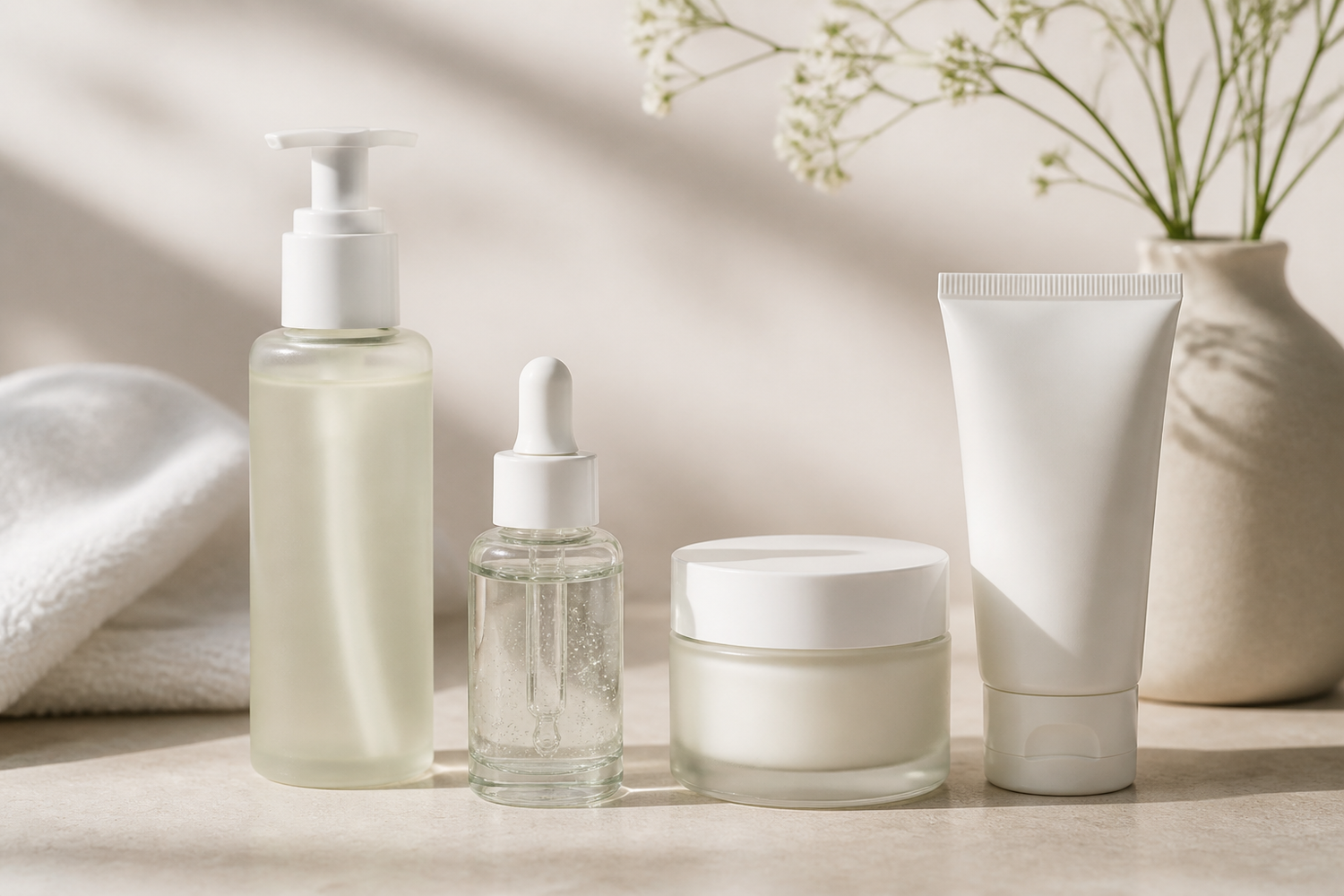 Gentle cleanser, hydrating serum, moisturizer, and sunscreen arranged on a light surface.