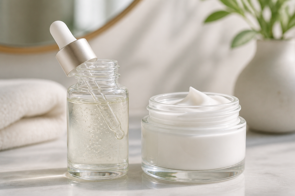 A facial serum in a dropper bottle beside a face moisturizer in a cream jar on a clean surface.