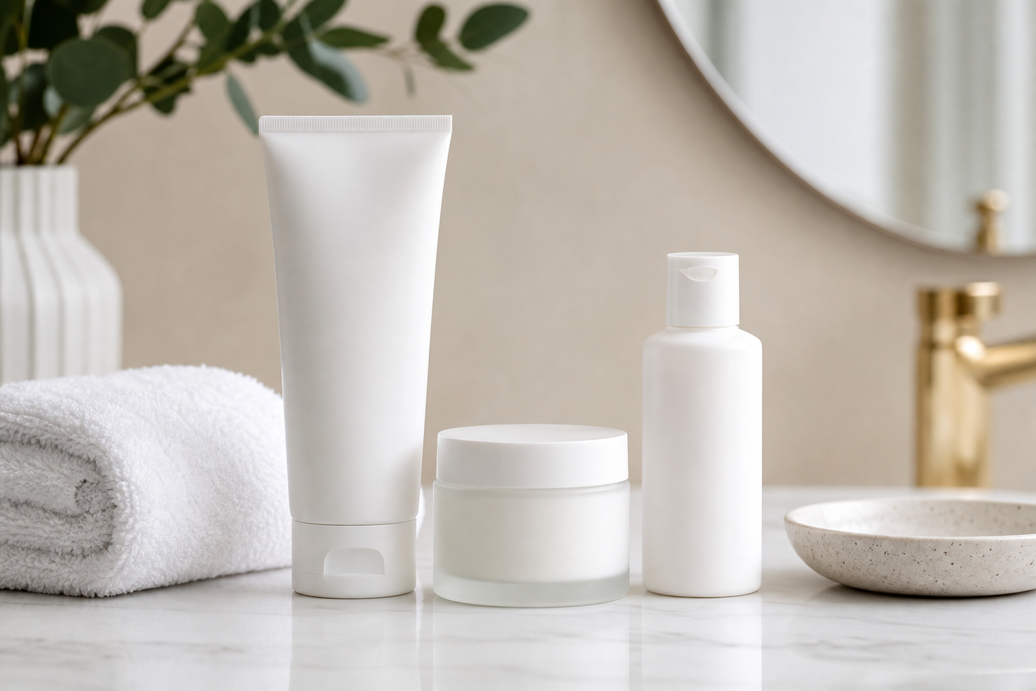 Gentle cleanser, moisturizer, and sunscreen arranged on a light bathroom counter