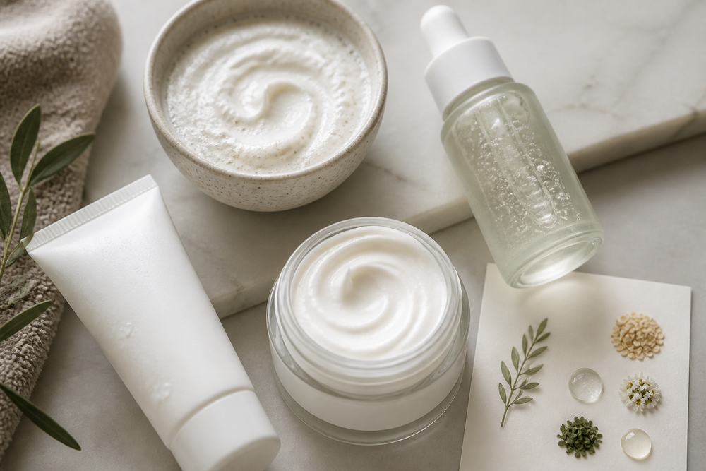 Gentle skincare products arranged on a bathroom counter for sensitive skin care