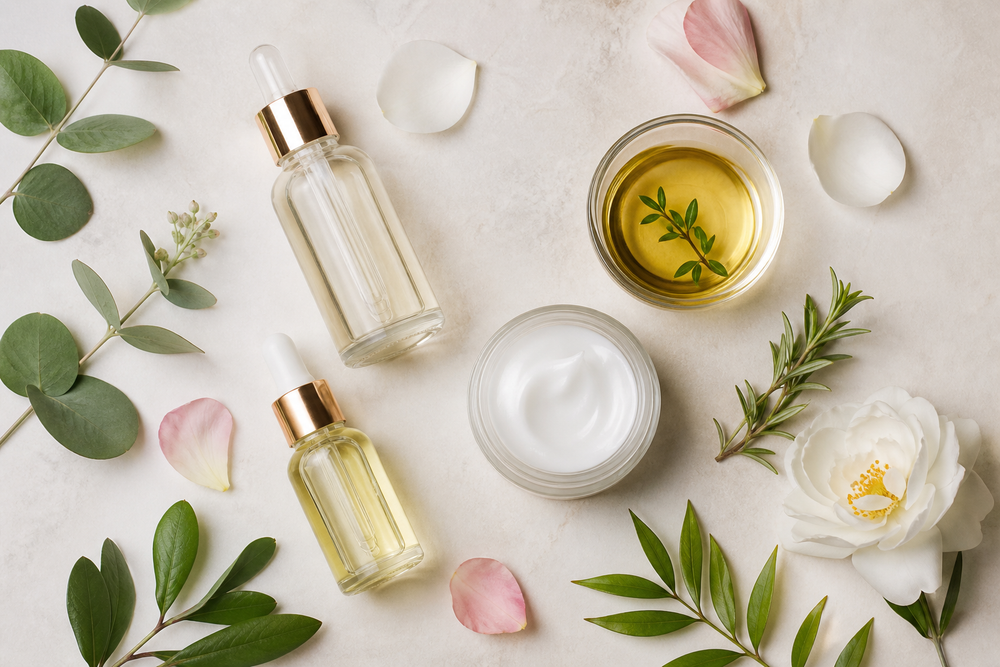 Botanical skincare products with glass bottles, cream jar, leaves, flowers, and plant oil on a neutral surface
