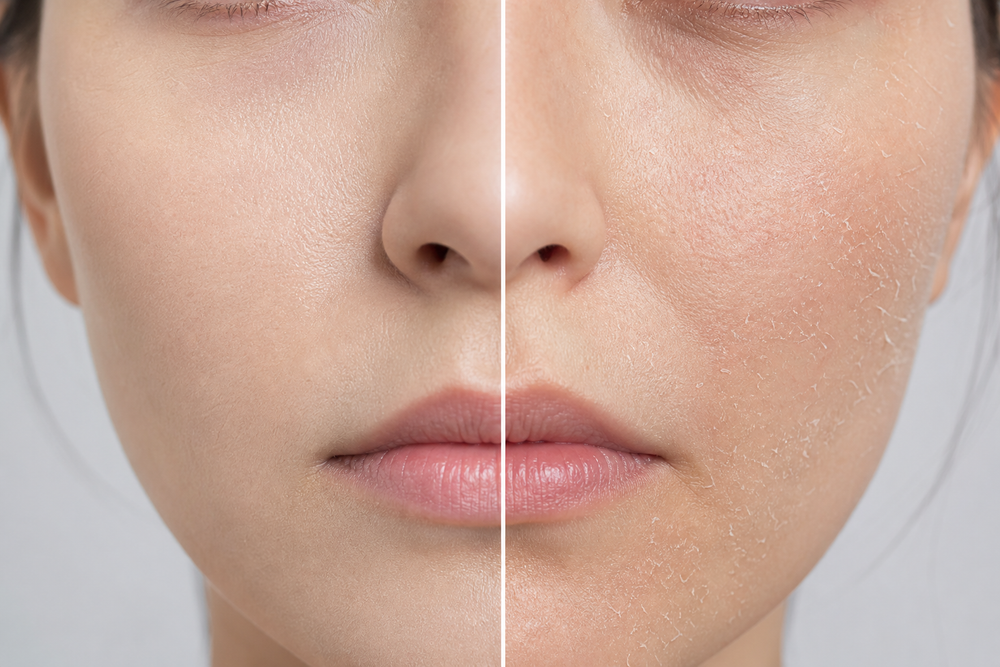 Close-up comparison of dehydrated facial skin and dry flaky facial skin