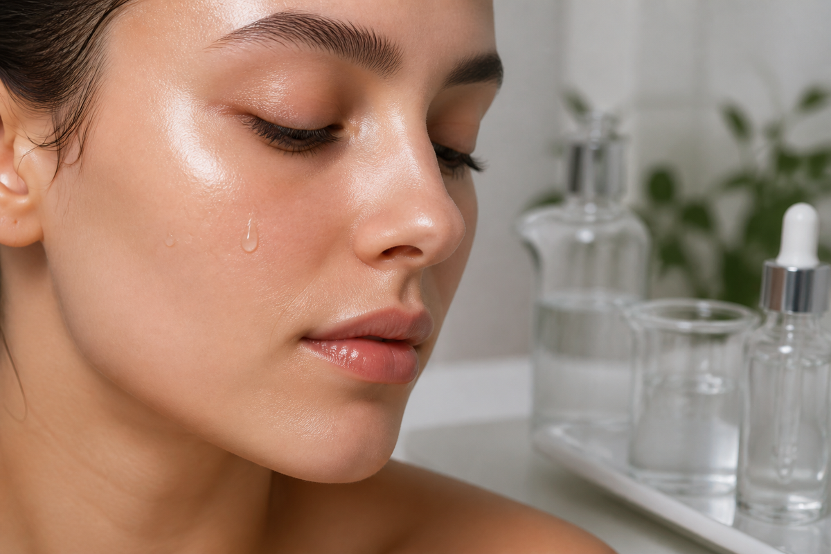 Close-up of hydrated facial skin with serum bottles on a clean bathroom counter