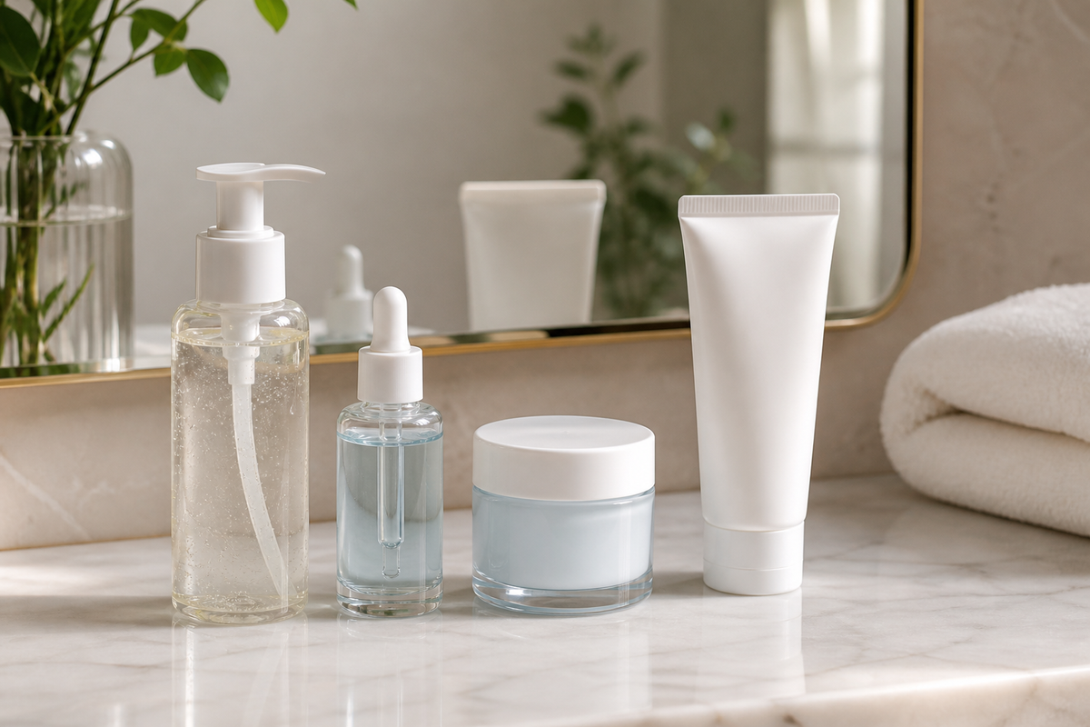 Skincare products arranged in a simple routine beside a mirror, with cleanser, hydrating serum, moisturizer, and sunscreen on a bathroom counter.