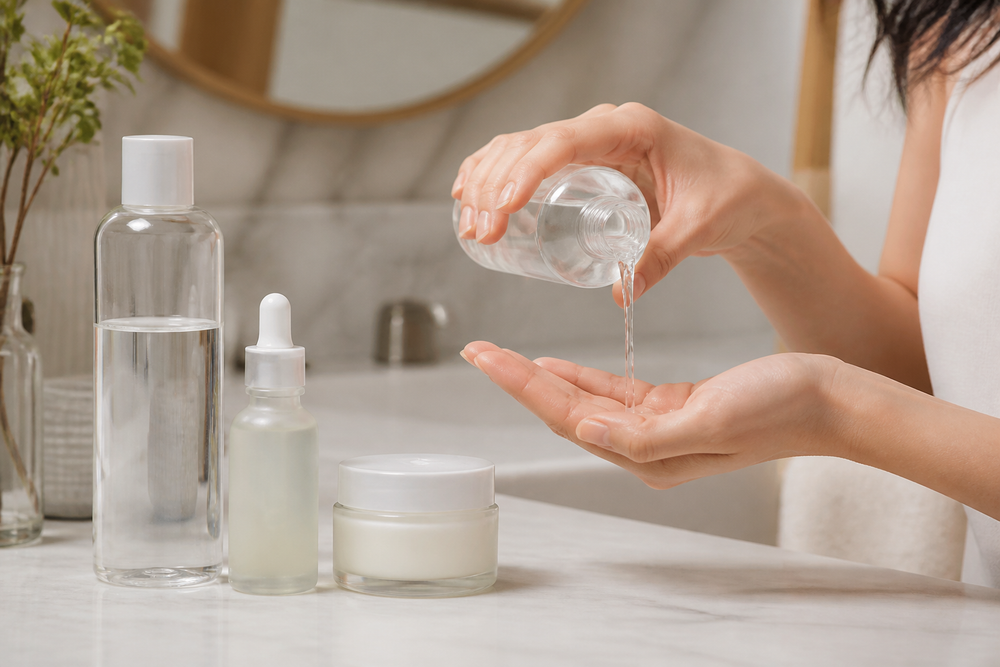 A person pours a clear watery skincare essence into their hands beside other facial skincare products.