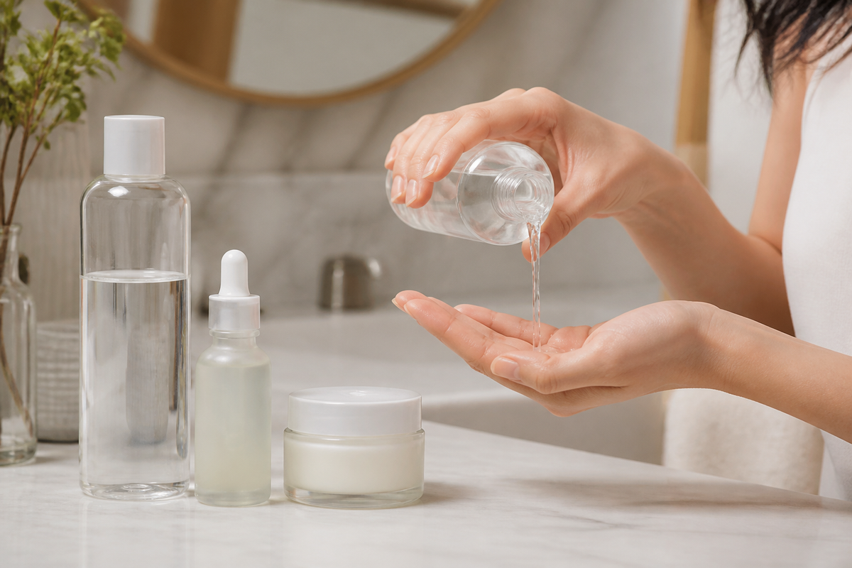 A person pours a clear watery skincare essence into their hands beside other facial skincare products.