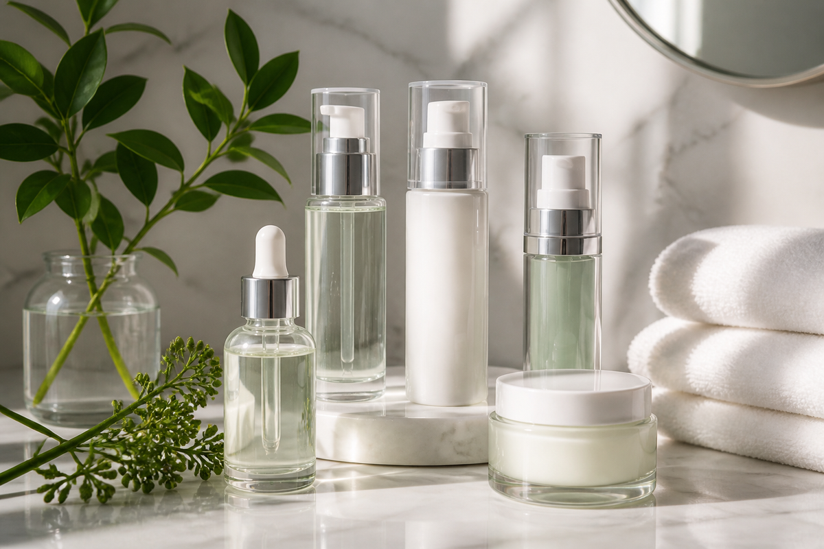 Unlabeled skincare bottles and jars with botanical elements on a clean bathroom counter