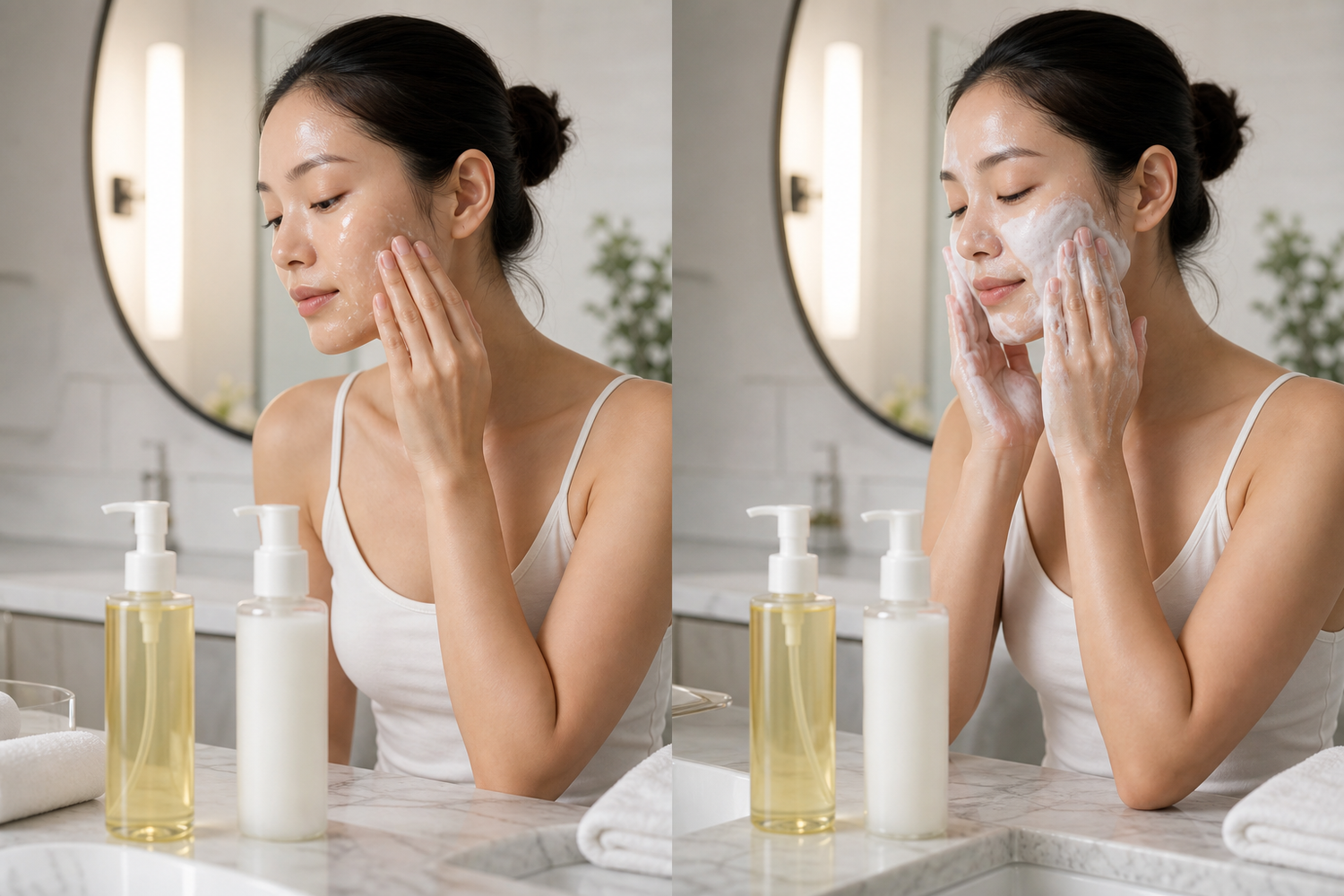 Two facial cleansers placed beside a bathroom sink to illustrate a double cleansing routine.
