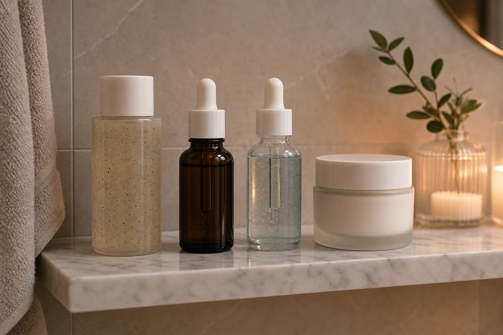 Four skincare products arranged on a bathroom counter to illustrate exfoliation, retinoid, and recovery nights