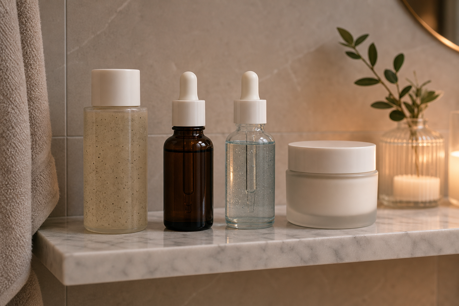 Four skincare products arranged on a bathroom counter to illustrate exfoliation, retinoid, and recovery nights