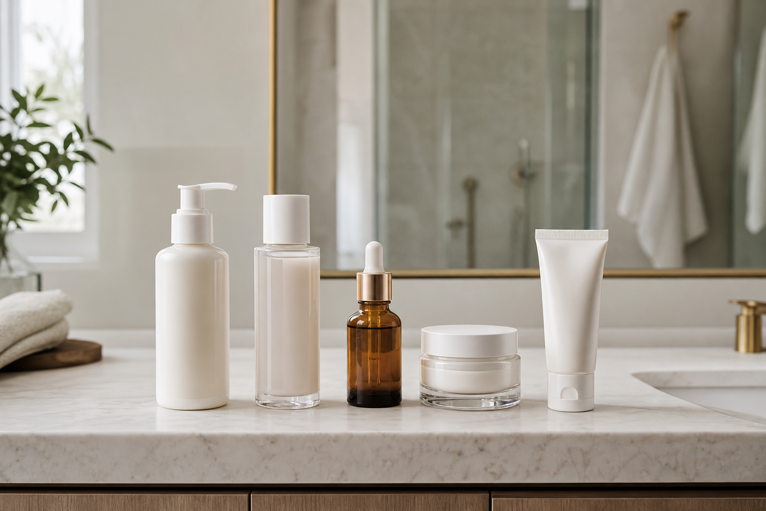 Morning skincare products arranged in order on a bathroom counter: cleanser, toner, serum, moisturizer, and sunscreen