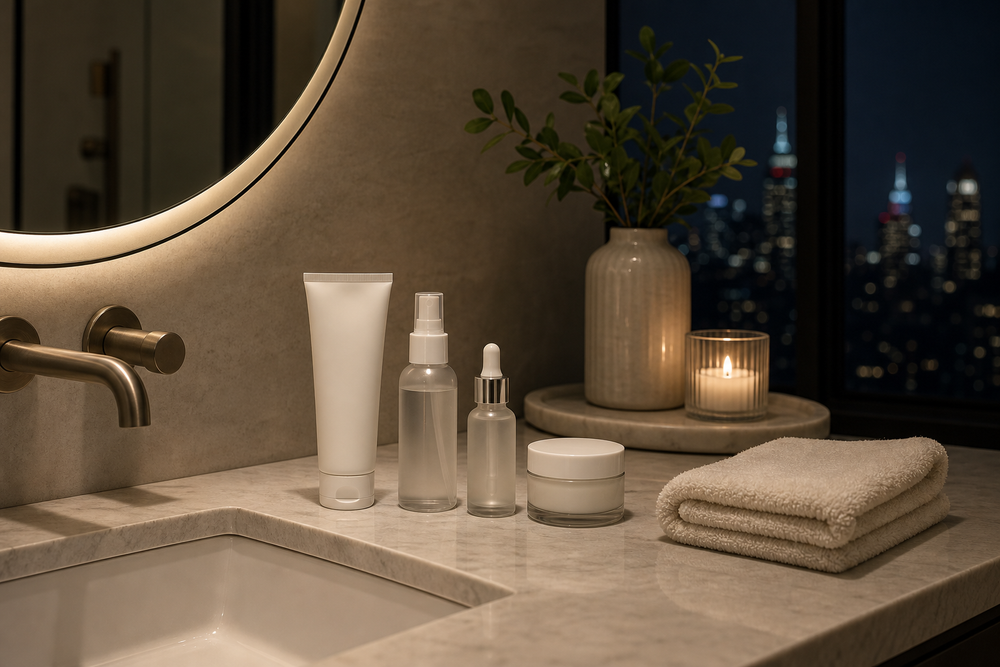 Night skincare products arranged on a bathroom vanity with cleanser, mist, serum, and moisturizer.
