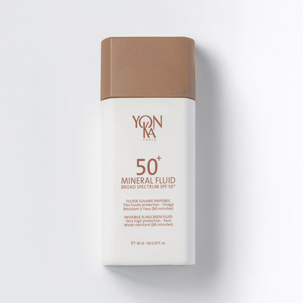 Yon-Ka Paris SPF 50+ Mineral Fluid 60ml tube labeled 12% non-nano zinc oxide sheer weightless mineral sunscreen