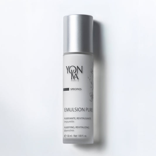 Emulsion Pure 50 ml white bottle with Yon-Ka Paris label and pump clarifying water-based blemish treatment