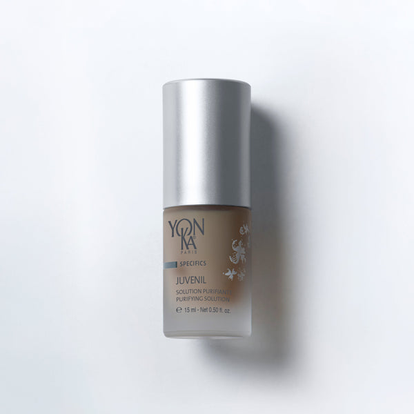 Juvenil 15 ml glass vial alcohol-free purifying formula with lactic acid, sulfur, and botanical blend for blemish-prone skin