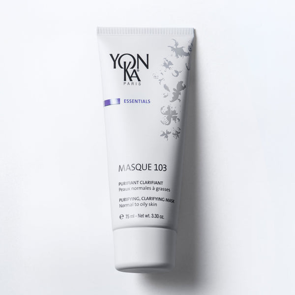 Masque 103 75 ml jar labeled Triple Clay Mask showing Yon-Ka Paris branding and botanical illustrations of thyme lime orange and sage