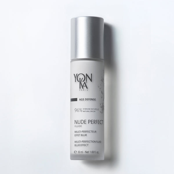 Nude Perfect Fluide bottle with pump showing lightweight beige blur fluid Yon-Ka Paris label COSMOS-certified silicone-free formula